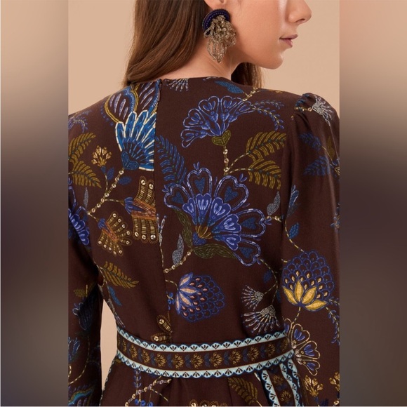 Farm Rio Brown Embroidered Garden Floral print V Neck Jumpsuit - Picture 4 of 7